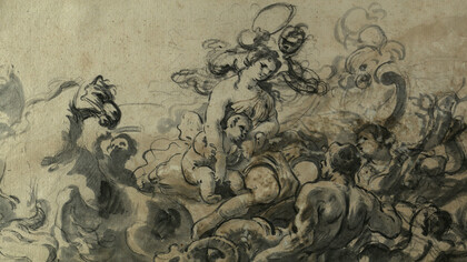 Disegno - Luca Giordano, Il carro di Teti, 1682-1685
Matita, inchiostro e acquerello su carta bianca; mm. 190 x 130
Napoli, Società Napoletana di Storia Patria, inv. 1107  
