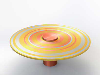 Paul Cocksedge, Freeze ring table, overall dimensions: 2000 X 775 high copper, brass, ali, steel plate, copper leg