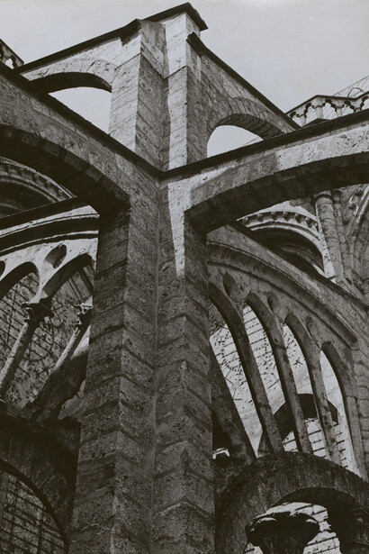 Charles Sheeler (American, 1883-1965): Gelatin silver contact print on warm-toned, matte surface paper, 9 3/4 x 7 1/2 inches (24.8 x 19.1 cm). Printed by the photographer, 1929, and mounted for exhibition. Signed, titled 'Chartres' and dated in pencil on the mount recto.