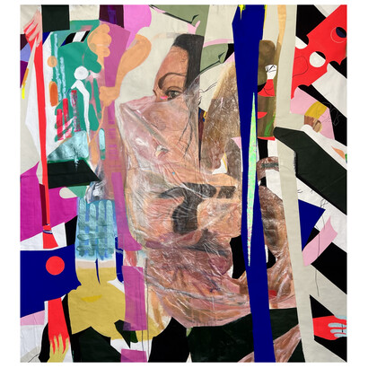 Mekia Machine, Coming Up For Air, 2023, acrylic, flashe, latex, polyurethane, cellophane, skin and latex and other stretchy things on linen, 66x60 inches (167.75x152.5 cm). Courtesy of the Artist and Marc Straus