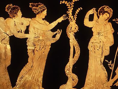 The depiction of the Hesperides in the garden, with the apples on a tree and the dragon Ladon portrayed as a single-headed serpent, showcased in London E 224, an Attic red-figure hydria dating back to around 410-400 B.C. This photograph is provided courtesy of the Trustees of the British Museum, London