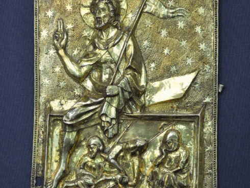 Vergoldetes Silberrelief mit der Auferstehung Christi, Frankreich, 14. Jh., Detail Reliquiendiptychon, Museum Schnütgen, Inv. G 693, Foto: Museum Schnütgen, Köln