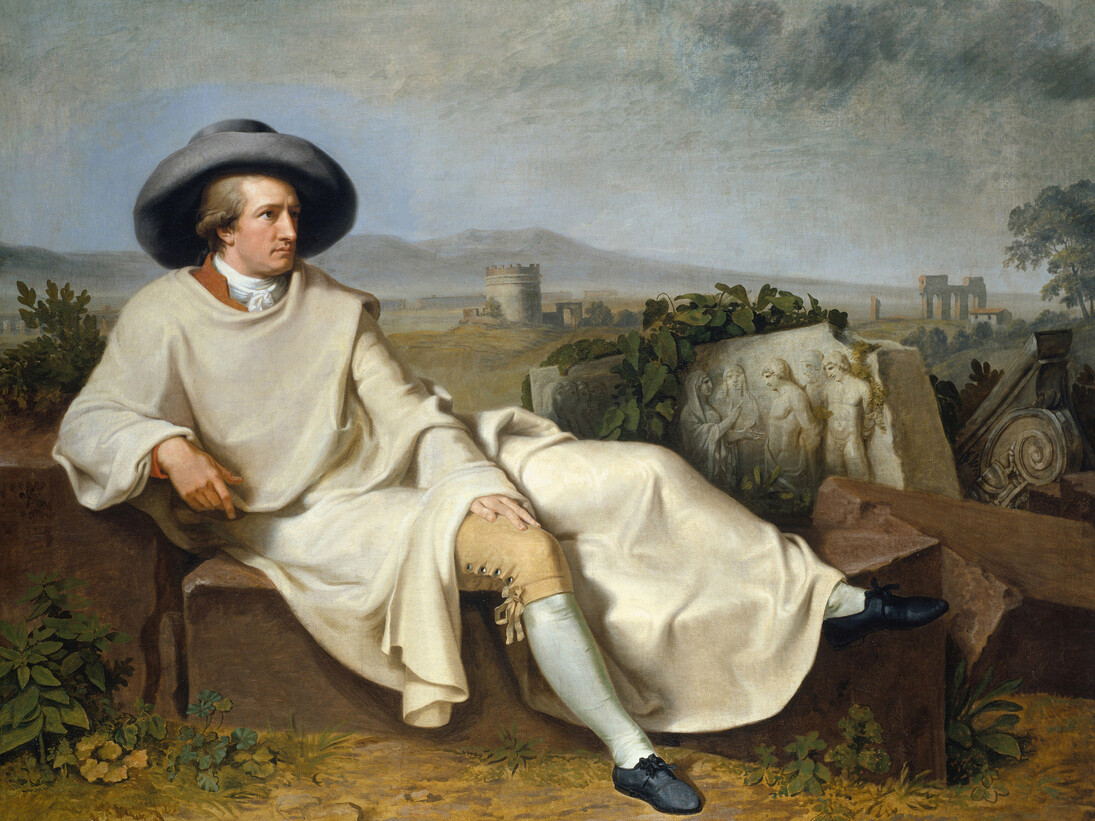 Johann Heinrich Wilhelm Tischbein, 1751 – 1829. Goethe in the Roman Campagna, 1787. 164 x 206cm. On loan from the Städel Museum, Frankfurt am Main. © U. Edelmann - Städel Museum – Artothek. Gutenberg Bible: The opening page of the second volume, Parabole or Proverbs of the Gutenberg Bible. Mainz,1455. © British Library Board