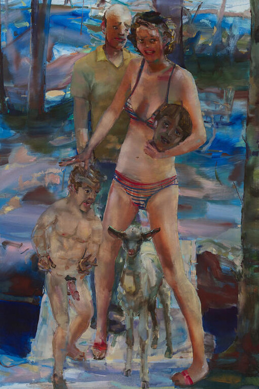 Angela Dufresne, Dwarf, Goat, Woman, Man and Head, 2014, oil on canvas, 64 by 39 inches. Courtesy of Monya Rowe Gallery, New York