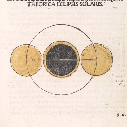 Erhard Ratdolt, "Sphaera Mundi" , 1485, dettaglio dello schema di una eclissi solare. Libro a stampa con illustrazioni xilografiche stampate o colorate con stencil a uno, due e tre colori. Numerose note marginali e schizzi in inchiostro marrone