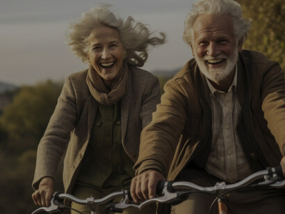 Longevity takes a vibrant turn as an older couple enjoys the simple pleasures of life, cycling together outdoors, radiating happiness and embodying the spirit of an active and fulfilling journey through the years