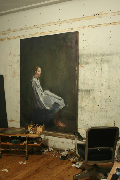 Arslan. Studio view with unfinished Seated Girl , oil on linen, 60x40inches.
