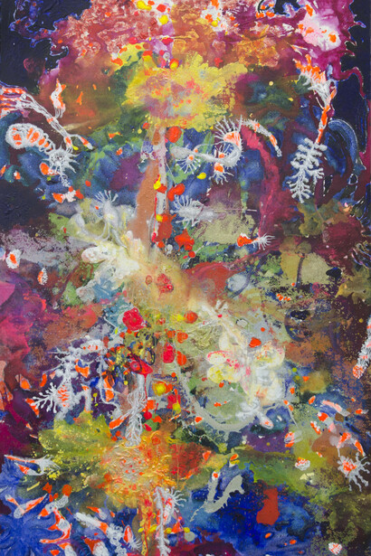 Hibernation, 2018, acrylic, ink, and glitter on canvas, 213 x 125 cm, © Entang Wiharso, courtesy of the artist and Mizuma Gallery
