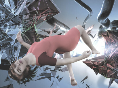 Wounded female astronaut floating helplessly down a sci-fi spacecraft hallway with flashing lights