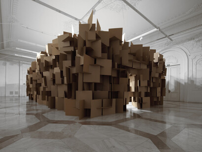 200 prepared dc-motors, 2000 cardboard elemens 70x70cm Zimoun in collaboration with Architect Hannes Zweifel 2011. Motors, power supply, circuitry wire, cardboard. Installation view: Contemporary Art Museum MNAC Bucharest, Romania. Dimensions: 14.7 x 49.2 x 29.5 ft / 4.5 x 15 x 9m Photography by Zimoun ©