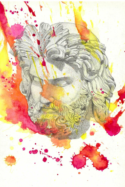 Tabelau Ulysse. C'est en visitant la galerie David à Angers que SORA a été inspirée par les sculptures exposées. Elle fait rejoindre sur cette oeuvre croquis, tableau patchwork et sa signature personnelle, la tache d'aquarelle