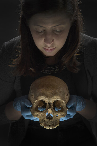 A human skull under inspection © Museum of London 