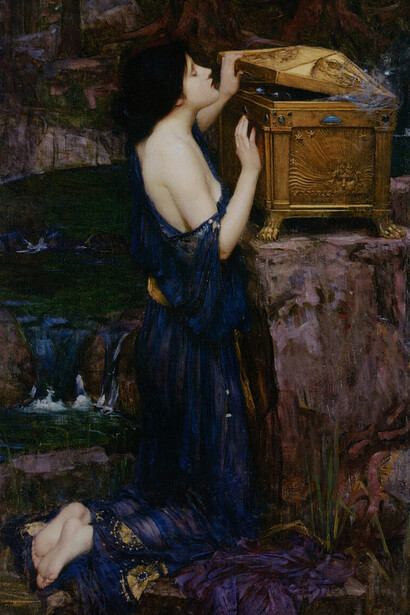 John William Waterhouse, Pandora, 1896. Pandora, representando a la curiosidad humana, abre una caja que libera todos los males del mundo, pero también deja la esperanza