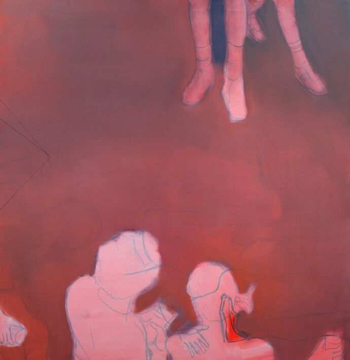 Thomas Eggerer, Crimson Exchange, oil on canvas, 167.6 x 162.6 cm — 66 x 64 inches, 2015
© Thomas Eggerer, Courtesy Maureen Paley, London