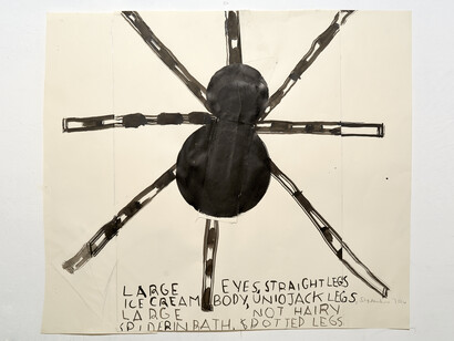 Rose Wylie, Spider (Union Jack), 2014, Ink and collage on paper, 33 x 38 in (83.8 x 96.5 cm). Courtesy of the Artist and Thomas Erben Gallery, New York