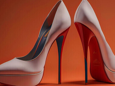 High-heeled women's shoes with striking red soles, set against a bold, solid-colored background