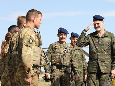 King Felipe VI of Spain greets U.S. Army soldiers from the 159th General Support Aviation Brigade, U.S. Army Reserve Aviation Command, during Swift Response 23 in San Gregorio, Spain, on May 18, 2023