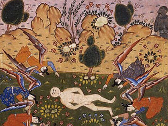 Adán honrado por los ángeles, miniatura persa. Iblis, con la cara negra  (arriba a la derecha de la imagen), se niega a postrarse con los otros ángeles