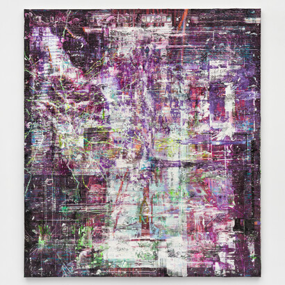 Chris Dorland, untitled (skinwalker), 2023, acrylic polymer, pigment, gesso, UV coating with aluminum stretcher bars on linen, 172.7x152.4 cm. Courtesy the artist and Lyles & King, NYC