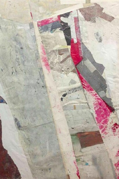 Redactor V, 2013, enamel, acrylic, crystalina, glass powder, pigment, cold wax, glass film, tape, and vinyl on wood panel, 72 x 60 inches