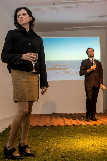 Performance *EKSTASEIS NÁUTICAS (Anthem to Europe)*, detail, by António Lago and Susana Chiocca at *Art stabs power: que se vayan todos!* at Bermondsey Project, London, curated by Inês Valle. Credit Jeff Hubbard, 2014