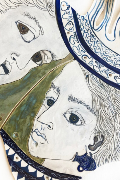 Gabriela Vainsencher, Three Muses of Flowing Abundance (detail), porcelain, glaze, underglaze, 30hx20w inches. Courtesy of the Asya Geisberg Gallery

