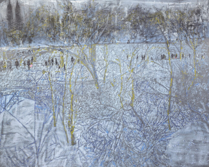 Ena Swansea, twilight snow in Central Park, 2017, oil and acrylic on graphite on linen, 228.6 x 289.6 cm. (90 x 114 in.)