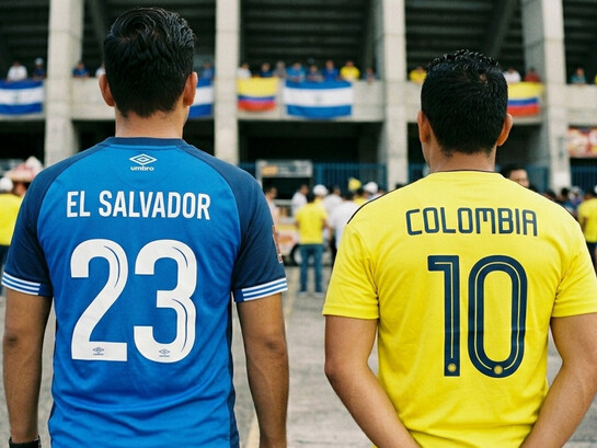 Supporters wearing El Salvador and Colombia national team jerseys outside a stadium, representing the often-overlooked bond between two nations connected by culture, business, and admiration