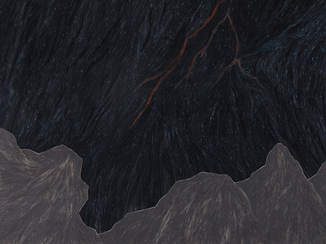 Robyn O’Neil, Drop, 2014, graphite and oil pastel/paper, 15 x 13 in. Courtesy: Susan Inglett Gallery, NYC.