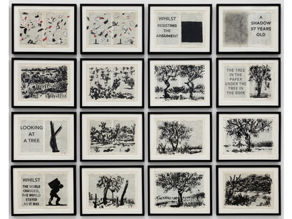 William Kentridge, Untitled, 2014, India ink and red pencil on Shorter Oxford Dictionary, Frame: 14-3/4 x 18-3/4 x 1 in. (each)