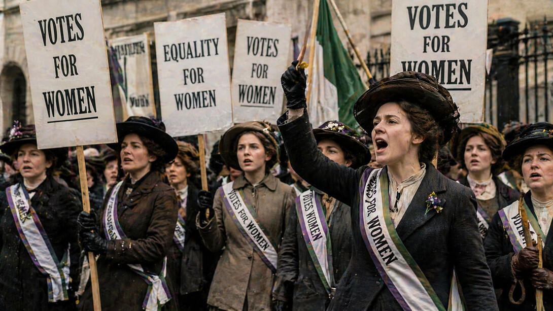 Women marching with “Votes for Women” placards during a suffrage rally, symbolising the collective struggle for political rights and equal representation