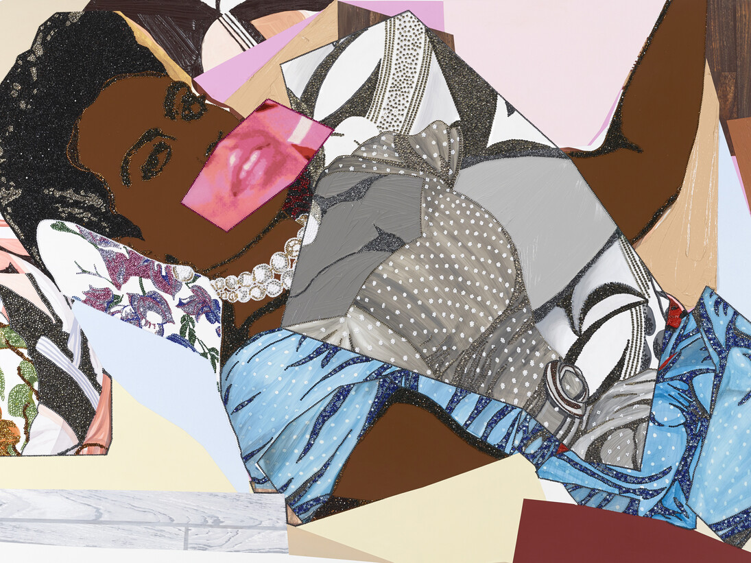 Mickalene Thomas, Clarivel Centered, 2014, Strass, acrylique, huile et email sur panneau de bois, 152,4 x 243,84 cm (60 x 96 in.), Courtesy Galerie Nathalie Obadia, Paris/Bruxelles