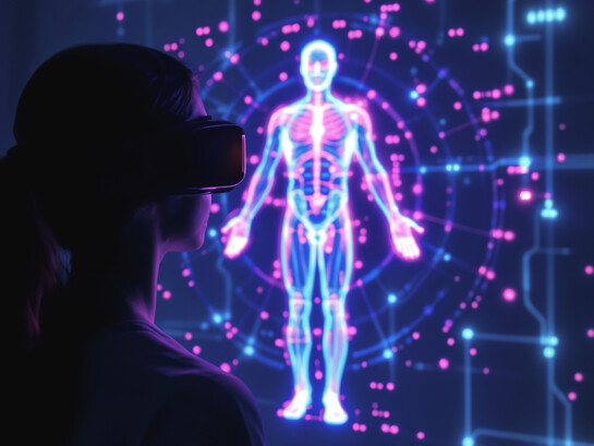 Un utilisateur de réalité virtuelle examine un corps numérique à mesure que les biotechnologies et les systèmes en réseau se rejoignent de plus en plus