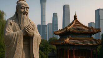 A statue of Confucius stands calmly between traditional Chinese architecture and a modern skyline, symbolizing the enduring influence of ancient wisdom in shaping the future of a changing global order