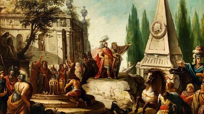 Johann Heinrich Schönfeld, Alessandro Magno sulla tomba di Achille, olio su tela, 1672