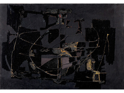Alberto Burri, Nero Catrame, 1951, tar, acrylic, enamel on canvas, 61 x 87 cm, Courtesy Fondazione Burri and Mazzoleni London