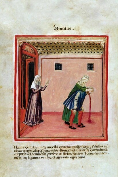 Il vomito, miniatura da Theatrum sanitatis di Ububchasym de Baldach. XI sec., Codice 4182 della Biblioteca Casanatense
di Roma.