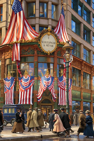 Exterior view of the Carson Pirie Scott & Co. department store building, located at the southeast corner of South State and East Madison Streets in Chicago’s Loop, decorated with bunting and flags in celebration of Abraham Lincoln’s 100th birthday (1909)