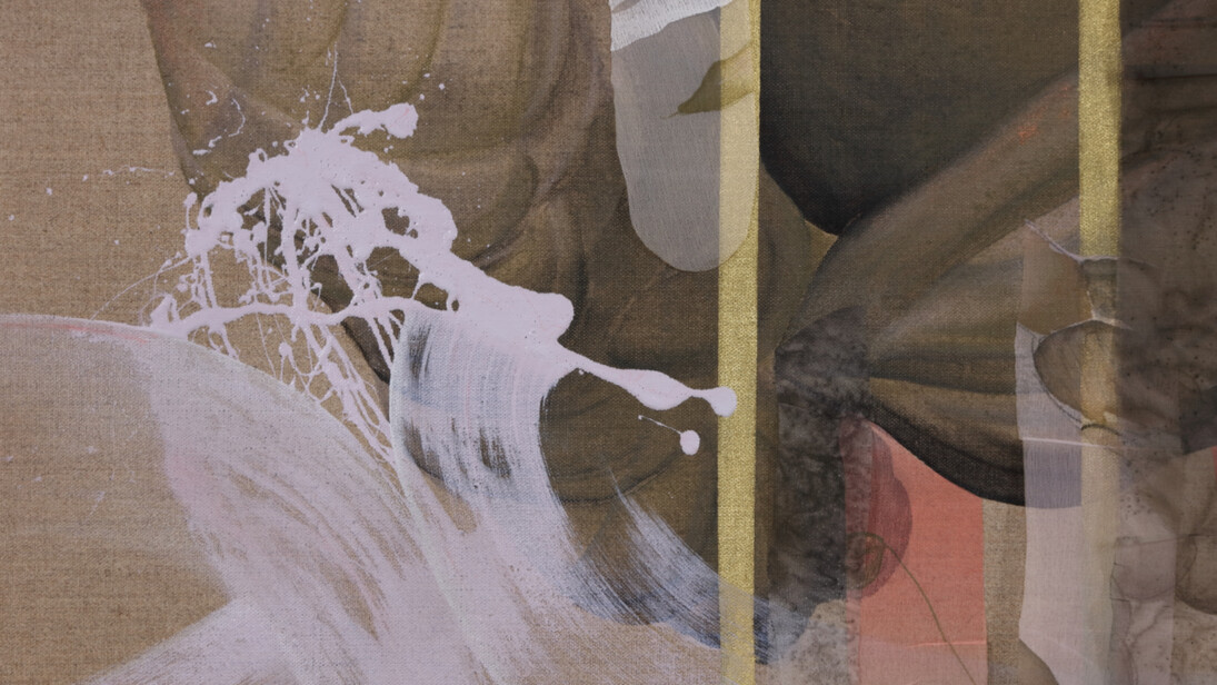 Lien Truong, A Namesake beyond beautiful, 2023 (detail). Oil, acrylic and copper pigment on canvas, linen, wood panel, and silk; printed chiffon, 106x103.25 inches. Image courtesy of the artist and UTA Artist Space