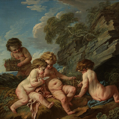 Attributed to François Boucher, French, 1703-1770, Bird-Catching Cherubs (Summer) L’Amour Oiseleur (L’Eté), 1732-1733, Oil on canvas, 71.1 x 72.1 cm (28 x 28 3/8 inches) Anonymous gift 64.115