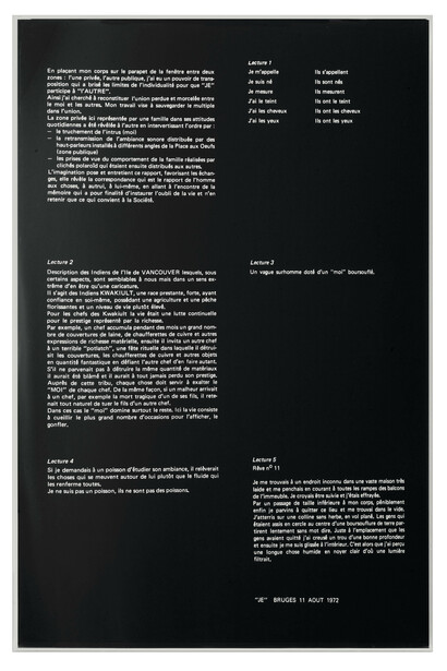 Gina Pane, “Je”. Estratto. Azione, Place de Oeufs, Bruges, 1972, un pannello con tredici fotografie in bianco e nero e un pannello dattiloscritto, pannello fotografico: cm. 135 x 75, pannello dattiloscritto: cm. 70 x 50 