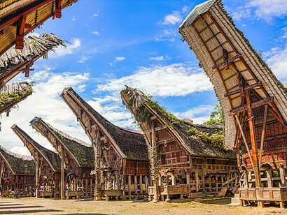 The traditional houses of Tana Toraja, known as Tongkonan, are iconic structures in Sulawesi, Indonesia, with their distinct curved roofs designed to resemble buffalo horns