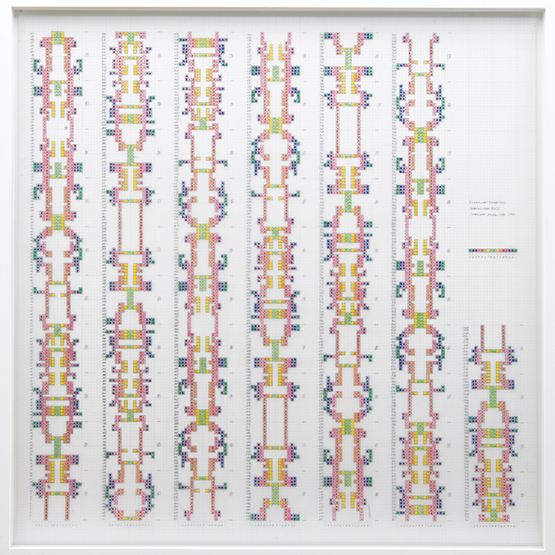Channa Horwitz, Sonakinatography I Composition XXII, 1991, Plaka on Mylar, framed, 58,6 x 58,2 cm
© All rights reserved, Courtesy Estate of Channa Horwitz and Air de Paris, Paris
