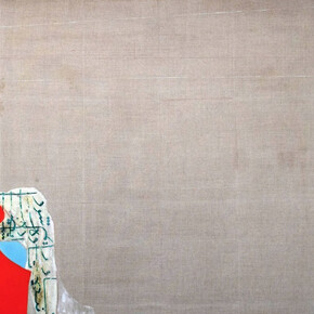 Jason Noushin, Sonnet III, 2016, oil, ink, cement, plaster, pencil. tea and encaustic on linen, 46 x 72 inches. 