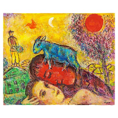 Marc Chagall,L'amoureux au profil rouge et l'ane bleu, 1971, Recto copie. Courtesy of Opera Gallery