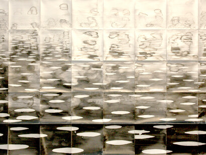 Tania Kovats, Sea Mark (silver), 2015, indian ink, acrylic paint on paper, image courtesy of Sidney Cooper Gallery © Tania Kovats