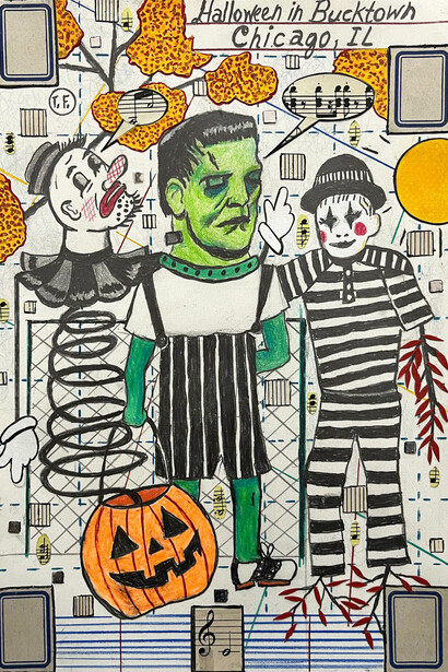 Tony Fitzpatrick, Halloween in Bucktown (lullabies for monsters), 2024. Courtesy of Anna Zorina Gallery