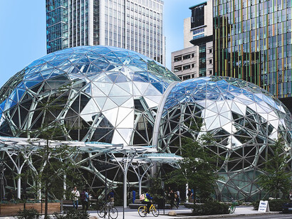 Located at Amazon’s Seattle headquarters, the Amazon Spheres are three interconnected glass conservatories designed by NBBJ and Site Workshop to bring nature into the workplace
