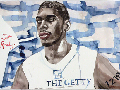 © Jack Balas; "Getty, Get Ready (#1219)," 2015; Watercolor on paper; 15 x 22 inches. Courtesy of CLAMP
