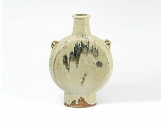 Jim Malone, Pilgrim Bottle, Olive nuka glaze with temoku pours